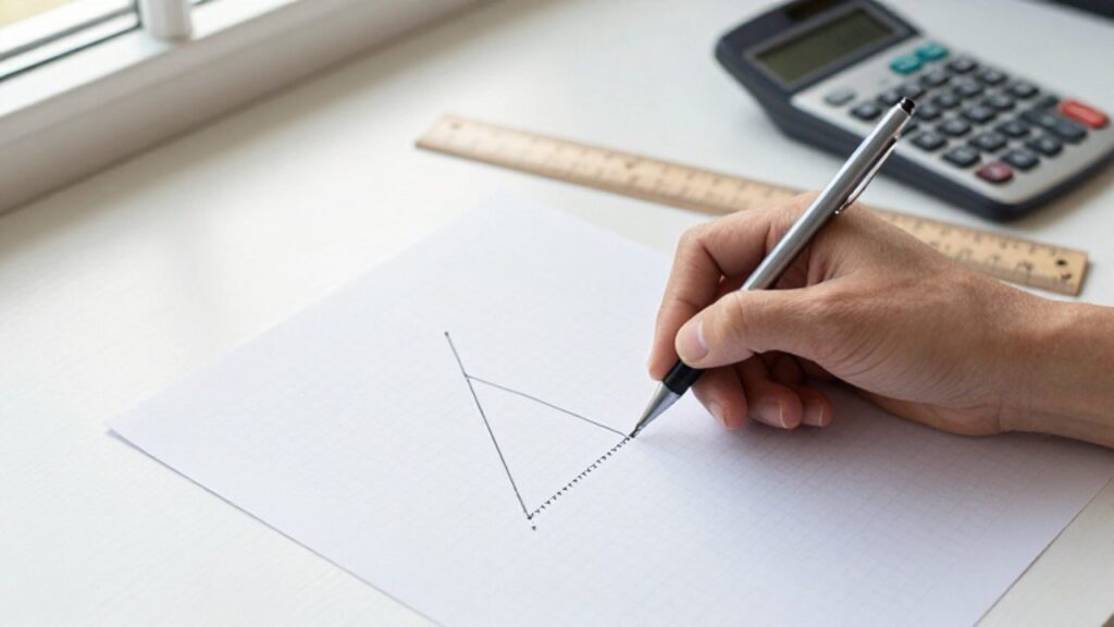 Una mano dibuja con un lápiz mecánico la altura de un triángulo isósceles sobre un papel cuadriculado, junto a una regla y una calculadora.