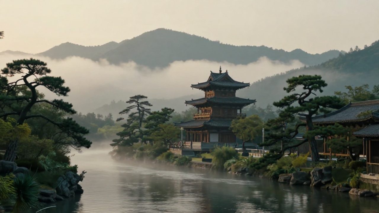 Pagoda tradicional de madera entre montañas con niebla y un río sereno en un paisaje de Asia Oriental.