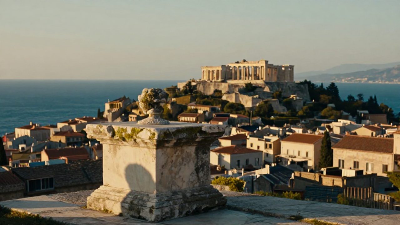 Arquitectura clásica con columnas y un pedestal de mármol antiguo sobre un pueblo europeo que domina un paisaje costero mediterráneo.