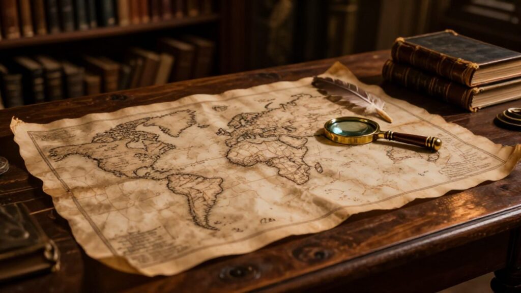 Mapa de piedra antiguo con trazos de regiones históricas sobre una mesa de madera, acompañado de una lupa de latón y libros de cuero en un estudio iluminado tenuemente.