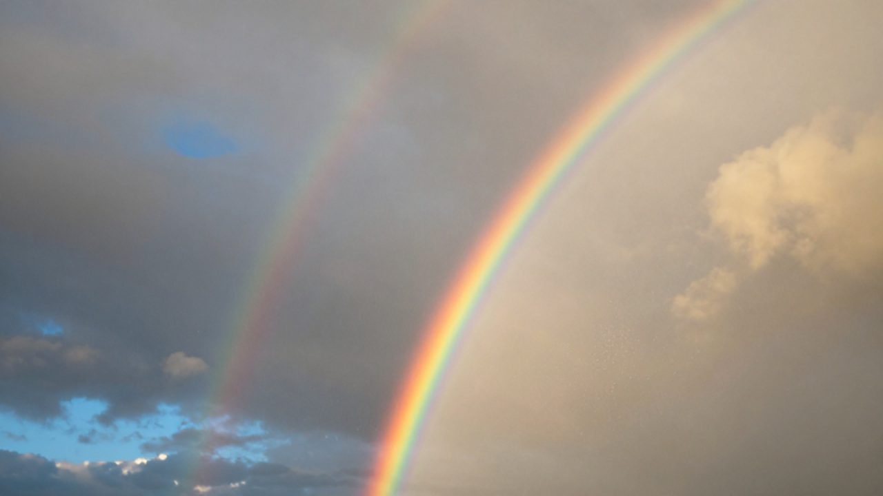 Un arcoíris doble cruza un cielo dramático con nubes de tormenta y destellos de luz solar entre gotas de lluvia suspendidas en el aire.