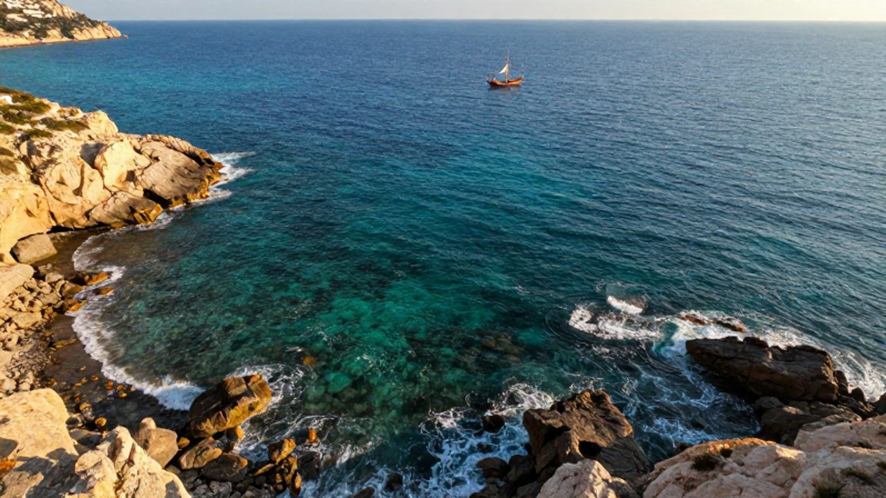 Vista aérea de las aguas turquesas del mar Mediterráneo chocando contra acantilados rocosos con un pequeño velero navegando a lo lejos.