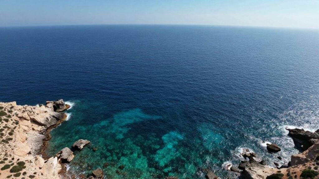 Vista aérea de una costa rocosa donde las aguas turquesas de un mar se encuentran con el azul profundo del océano abierto.