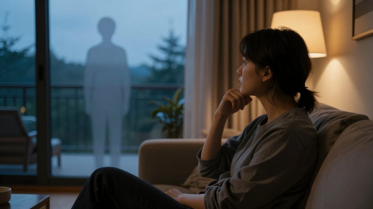 Una persona sentada en un sofá de espaldas a una ventana contempla el atardecer mientras la silueta tenue de un conocido aparece al fondo en un ambiente onírico.