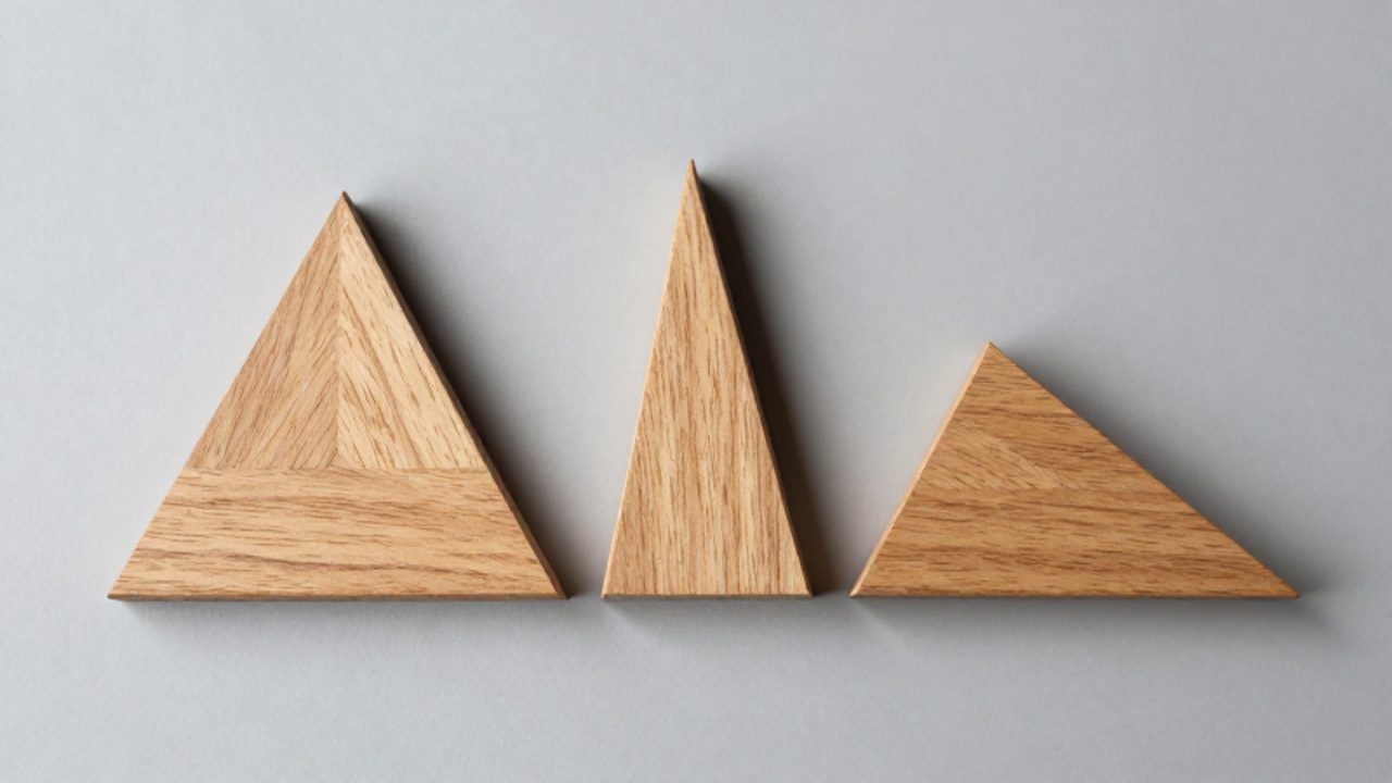 Tres triángulos de madera de roble con diferentes longitudes de lados: uno equilátero, uno isósceles y uno escaleno, dispuestos sobre una superficie gris.