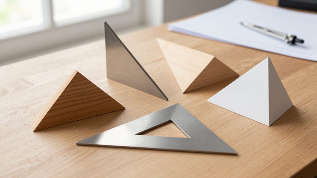 Modelos de triángulos de madera, metal y plástico dispuestos sobre un escritorio de arquitecto para mostrar sus diferentes lados y ángulos.