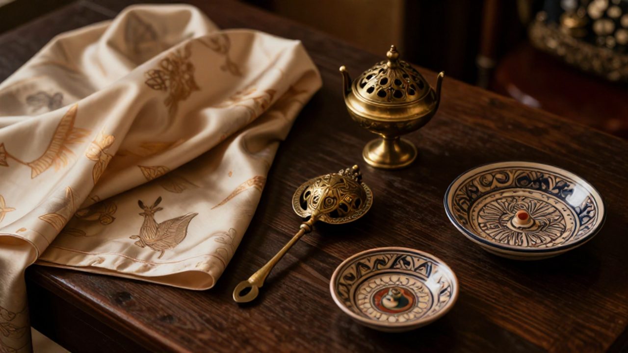 Colección de objetos culturales asiáticos, como seda, un incensario de latón y cerámica Armenia, dispuestos sobre una mesa de madera.