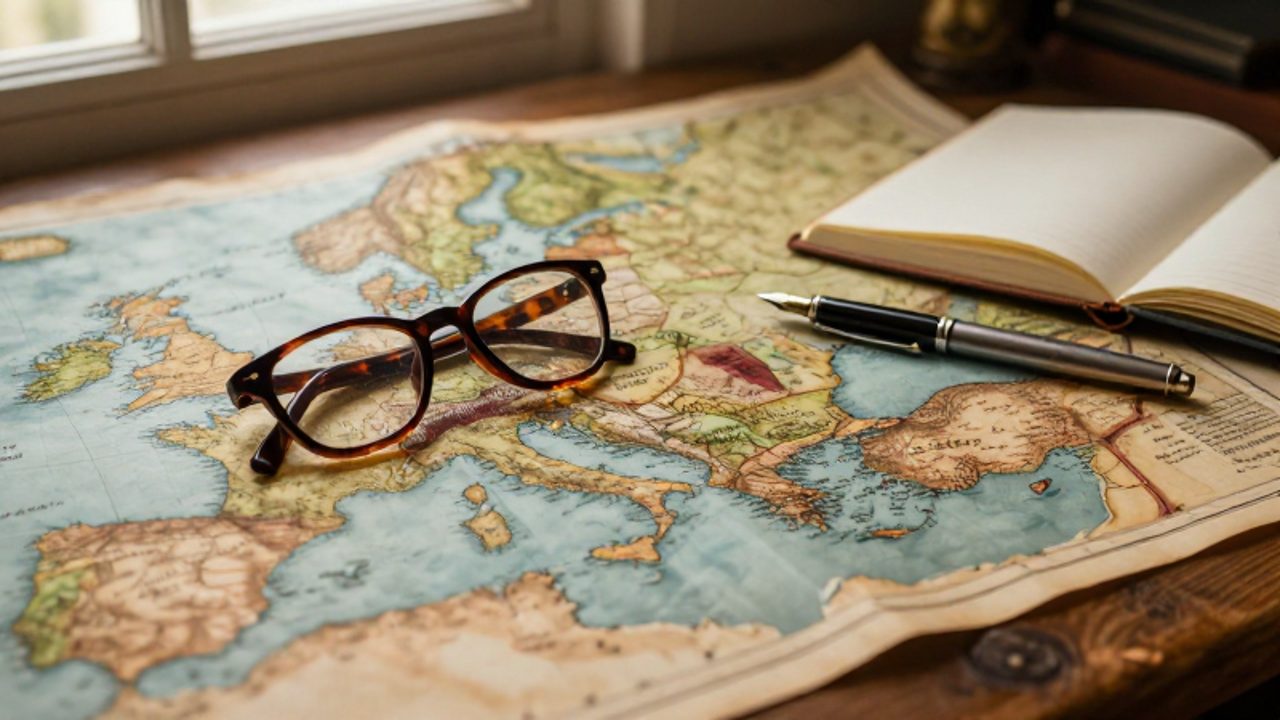 Mapa antiguo de Europa extendido sobre un escritorio de madera con unas gafas apoyadas sobre la zona de Albania y Andorra.