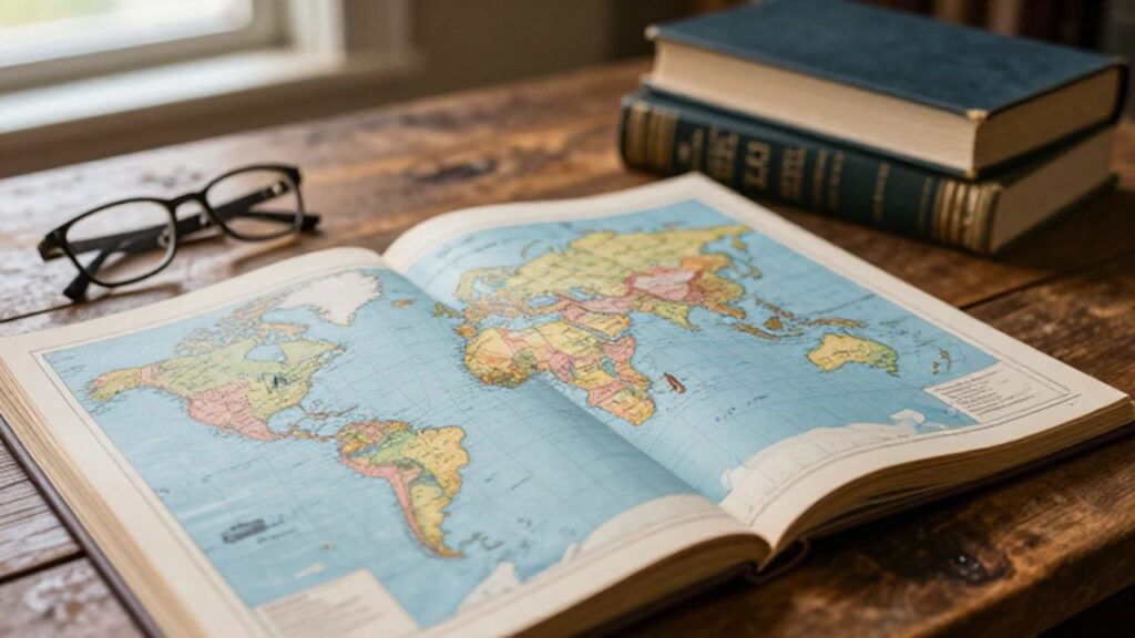 Atlas mundial abierto sobre un escritorio de madera junto a unas gafas y libros, con luz natural sobre las páginas.