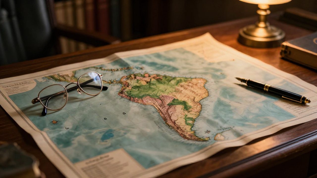 Mapa físico de América del Sur desplegado sobre una mesa de madera junto a unas gafas y una pluma estilográfica.