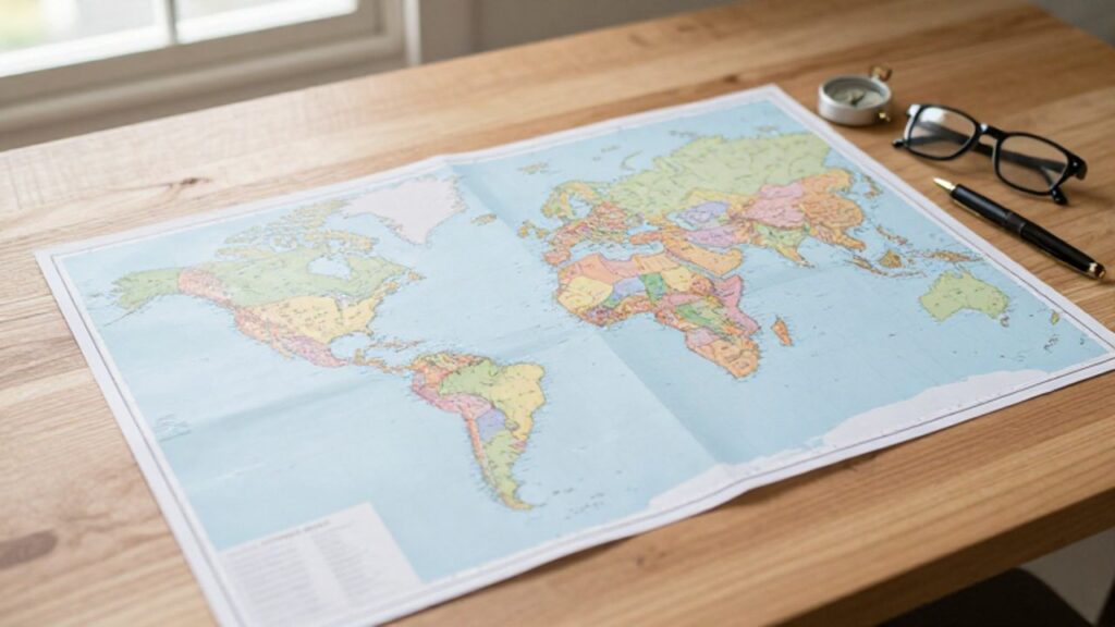 Mapa físico del continente americano con divisiones por regiones sobre un escritorio de madera junto a una brújula y una pluma.