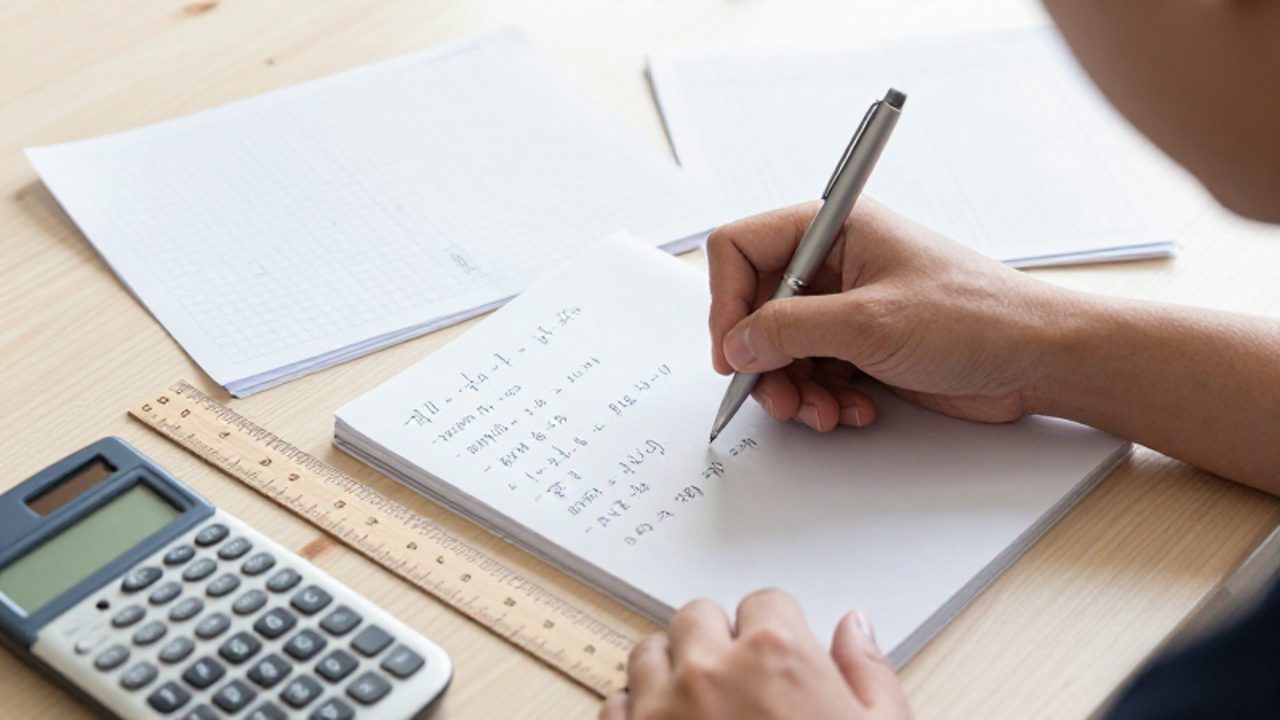 Una persona escribe fórmulas matemáticas y números en un cuaderno junto a una calculadora científica y hojas de papel milimetrado sobre un escritorio ordenado.