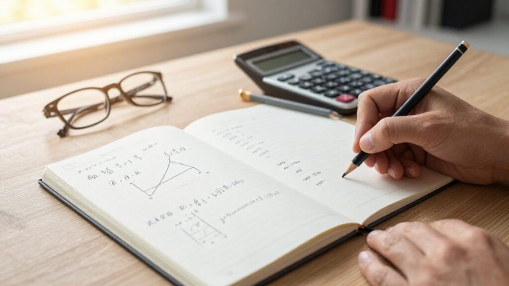 Cuaderno abierto sobre un escritorio con fórmulas matemáticas escritas a mano, un gráfico de campana de Gauss, una calculadora y un lápiz.