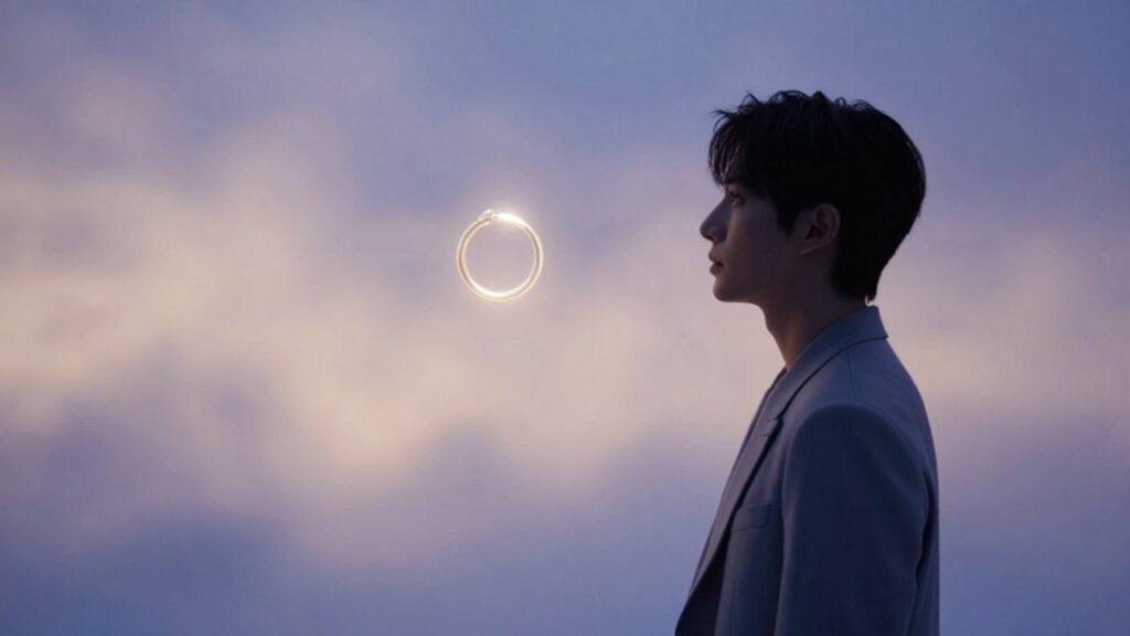 Persona de perfil observando con introspección un anillo de bodas brillante que flota en un espacio etéreo y nebuloso.
