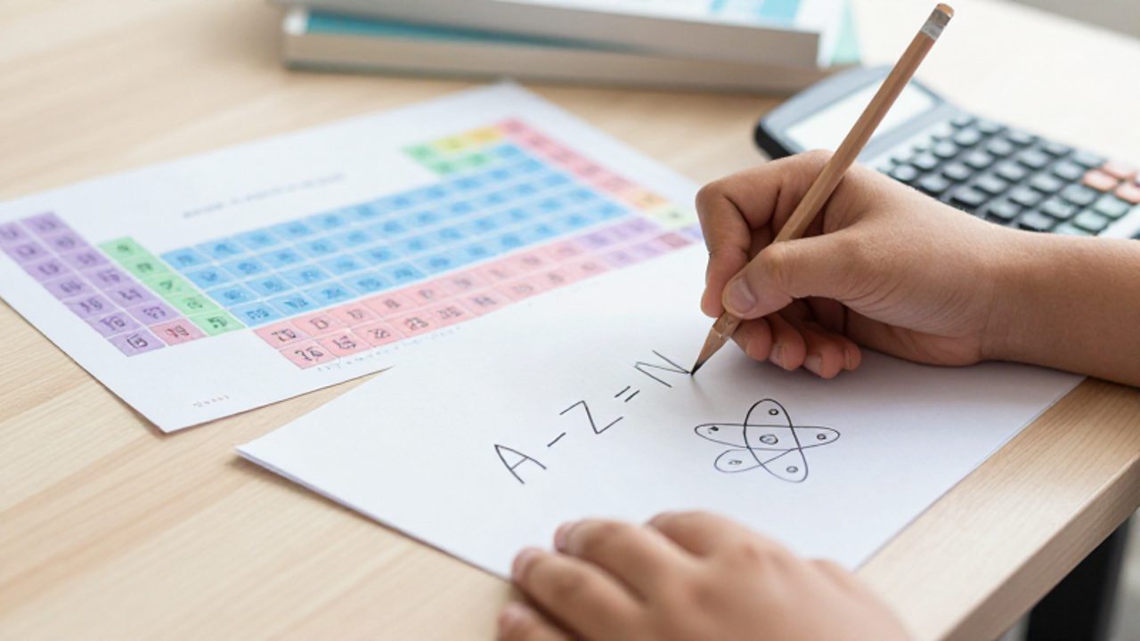 Una mano escribe la fórmula de sustracción A - Z = N en un cuaderno, rodeada de diagramas de un núcleo atómico, una calculadora y una tabla periódica sobre un escritorio de estudio.