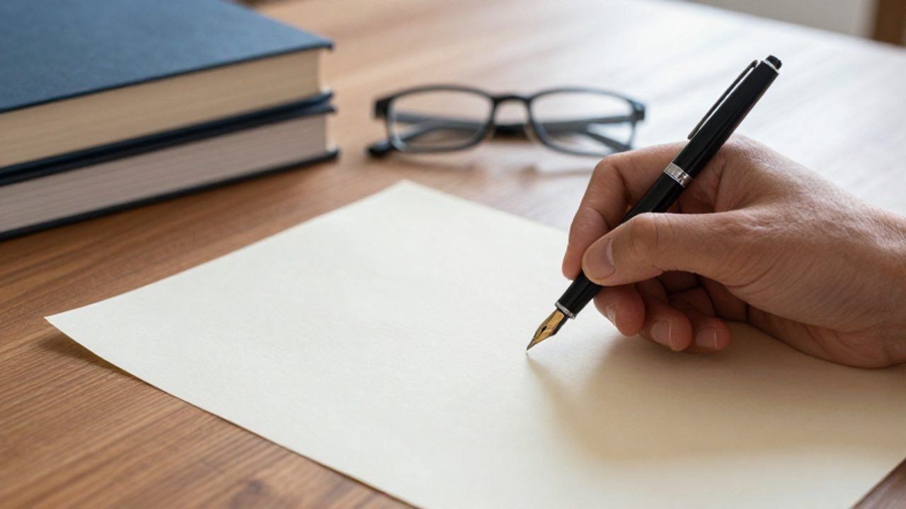 Una mano sostiene una pluma estilográfica lista para escribir sobre una hoja de papel en un escritorio de estudio con libros y gafas al fondo.