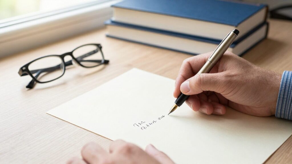 Una mano sostiene una pluma estilográfica sobre una hoja de papel en un escritorio organizado, lista para escribir en un ambiente de estudio tranquilo.