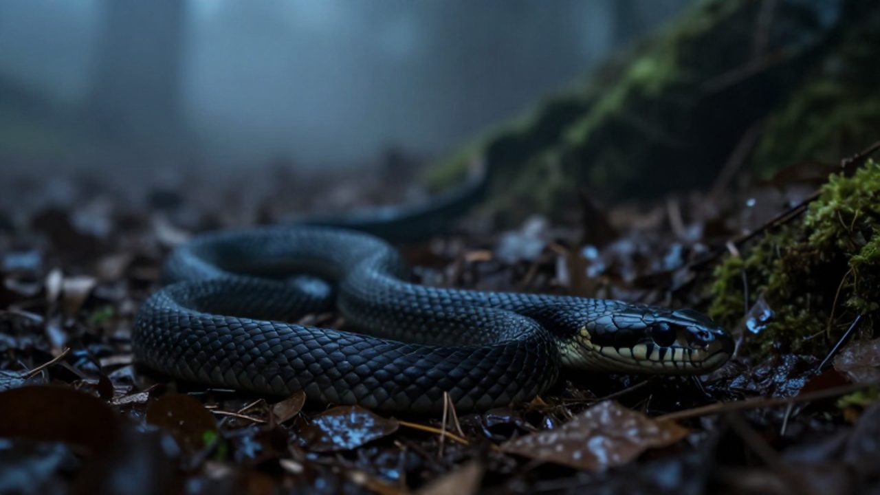 Serpiente negra deslizándose por el suelo de un bosque oscuro y neblinoso entre hojas y musgo.