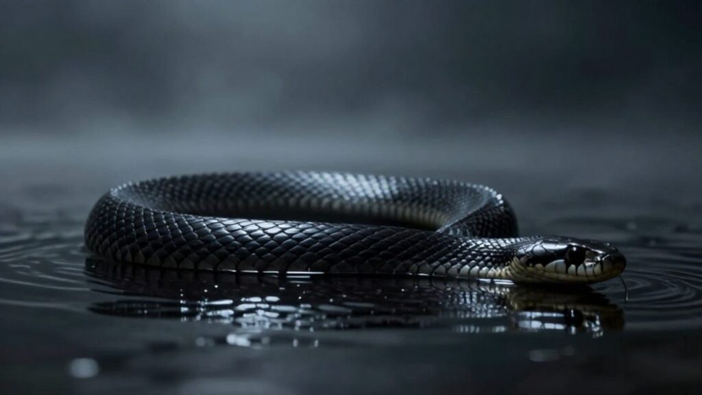 Una gran serpiente de escamas negras se desliza sobre una superficie de agua oscura en un entorno minimalista y misterioso.
