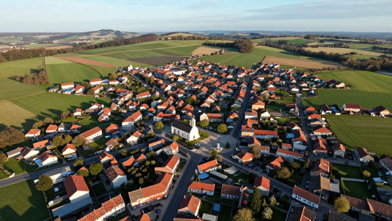 Vista aérea que muestra un núcleo urbano de casas agrupadas rodeado por una extensa zona de campos agrícolas y colinas verdes.