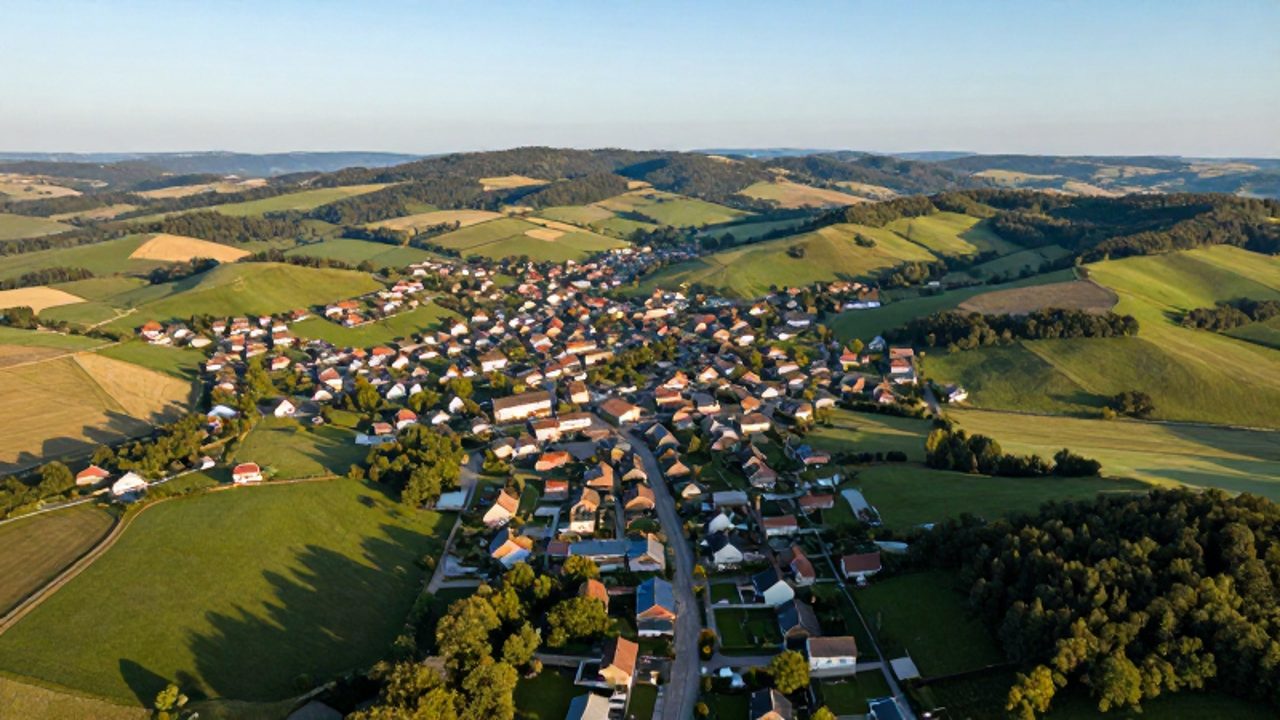 Vista aérea de un pequeño pueblo concentrado en el centro de un extenso territorio de colinas verdes, campos agrícolas y bosques.