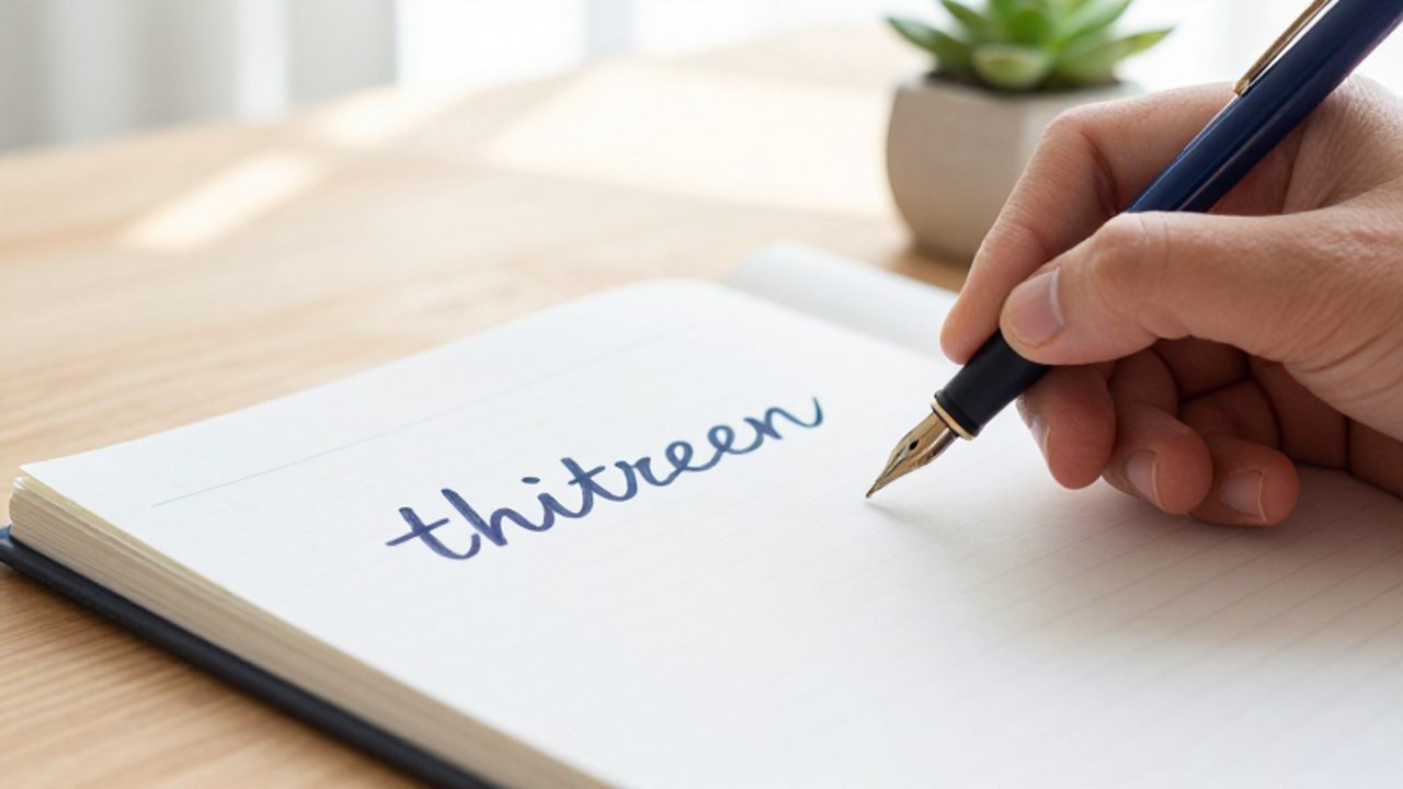Una mano escribe con pluma la palabra "thirteen" en un cuaderno sobre un escritorio de estudio.