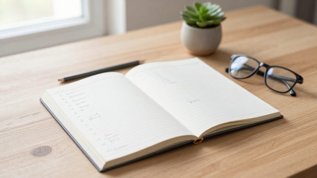 Cuaderno abierto sobre un escritorio de madera con los números del diez al veinte escritos a mano en inglés.