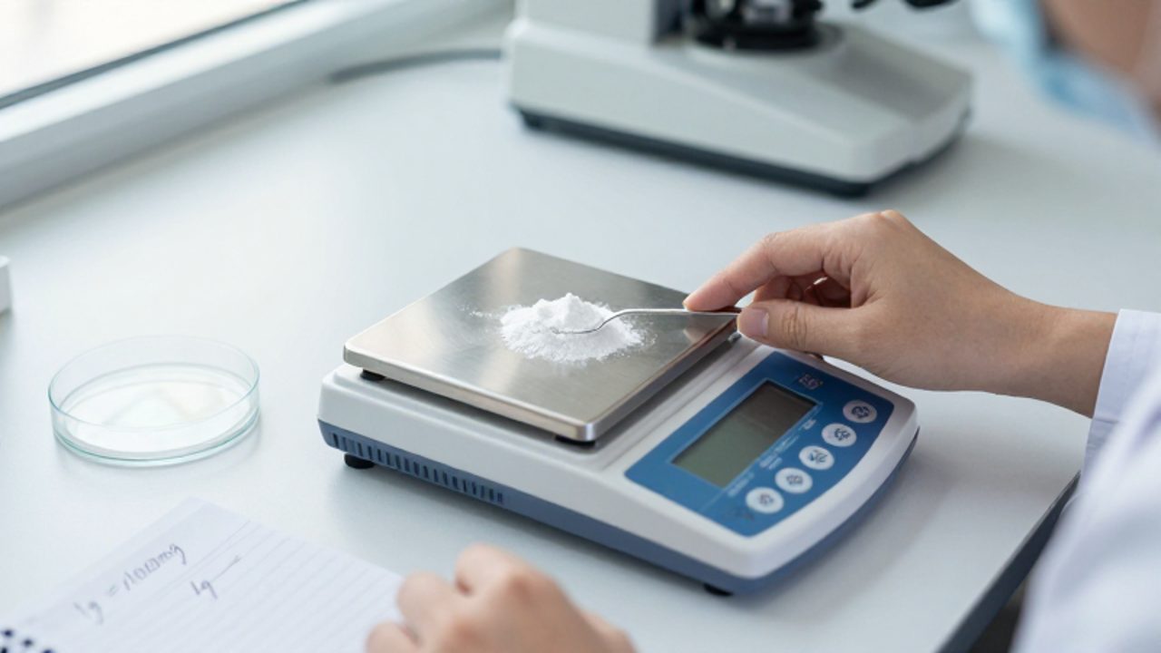 Manos pesando un polvo blanco en una báscula digital de precisión junto a un cuaderno con la fórmula de conversión de gramos a miligramos.
