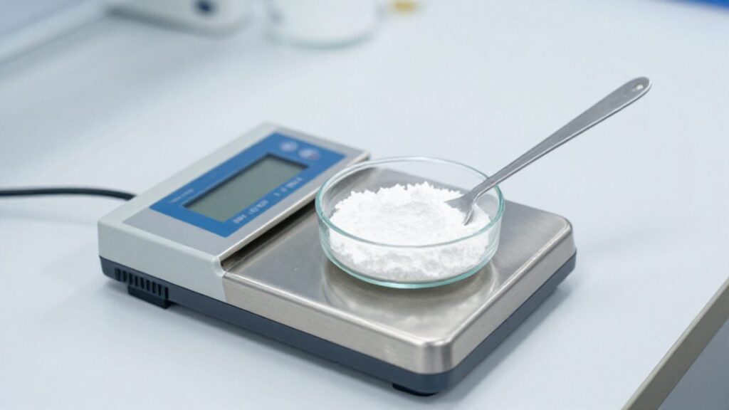Una microbalanza digital con una pequeña cantidad de polvo blanco cristalino sobre una mesa de laboratorio.