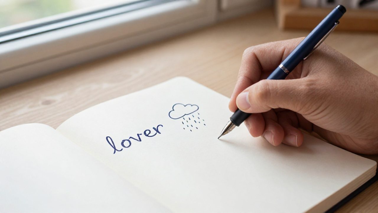 Una mano escribe en un cuaderno con una pluma estilográfica la palabra "llover" junto al dibujo de una pequeña nube con lluvia.