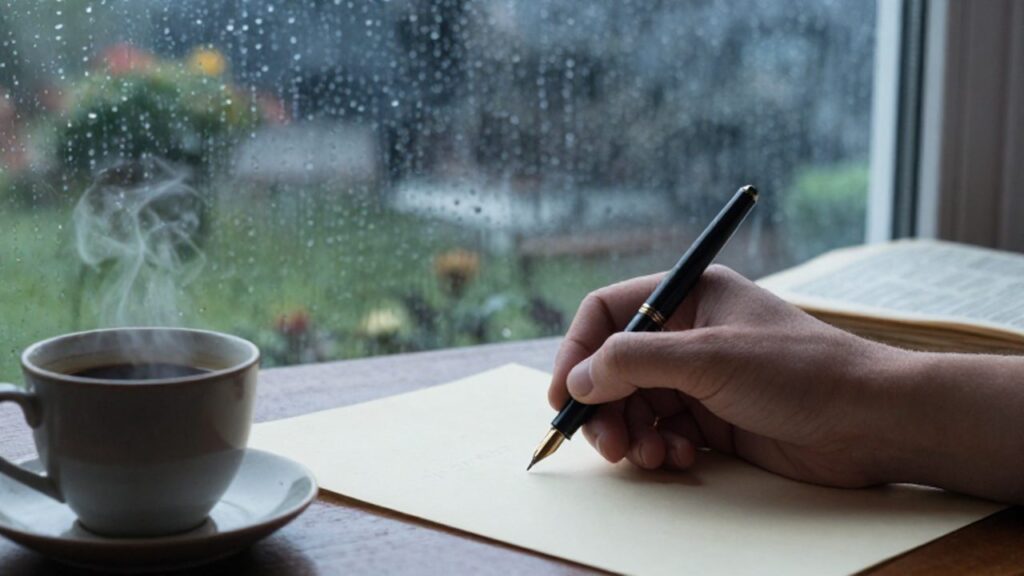 Mano escribiendo con una pluma estilográfica sobre papel, con una ventana con gotas de lluvia y una taza de café al fondo.