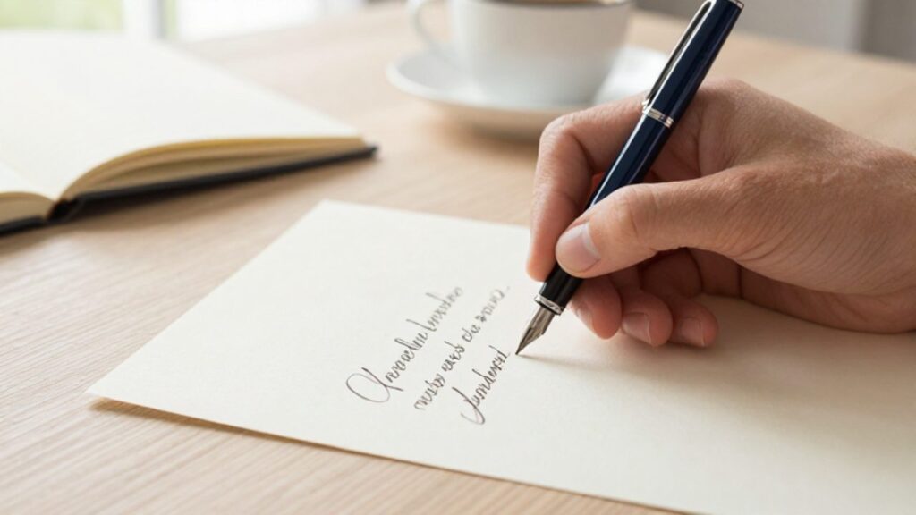 Una mano escribe caligrafía elegante con una pluma estilográfica sobre un papel de textura gruesa en un escritorio de madera.
