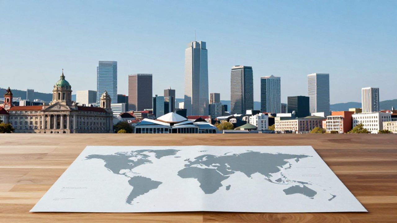 Mapa mundial minimalista sobre un escritorio de madera con siluetas de ciudades y monumentos globales de fondo.