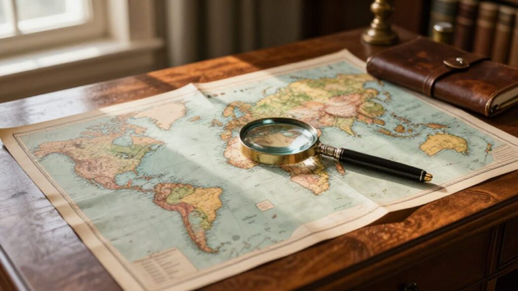 Mapa mundial antiguo extendido sobre un escritorio de madera con una lupa, una pluma y un cuaderno.