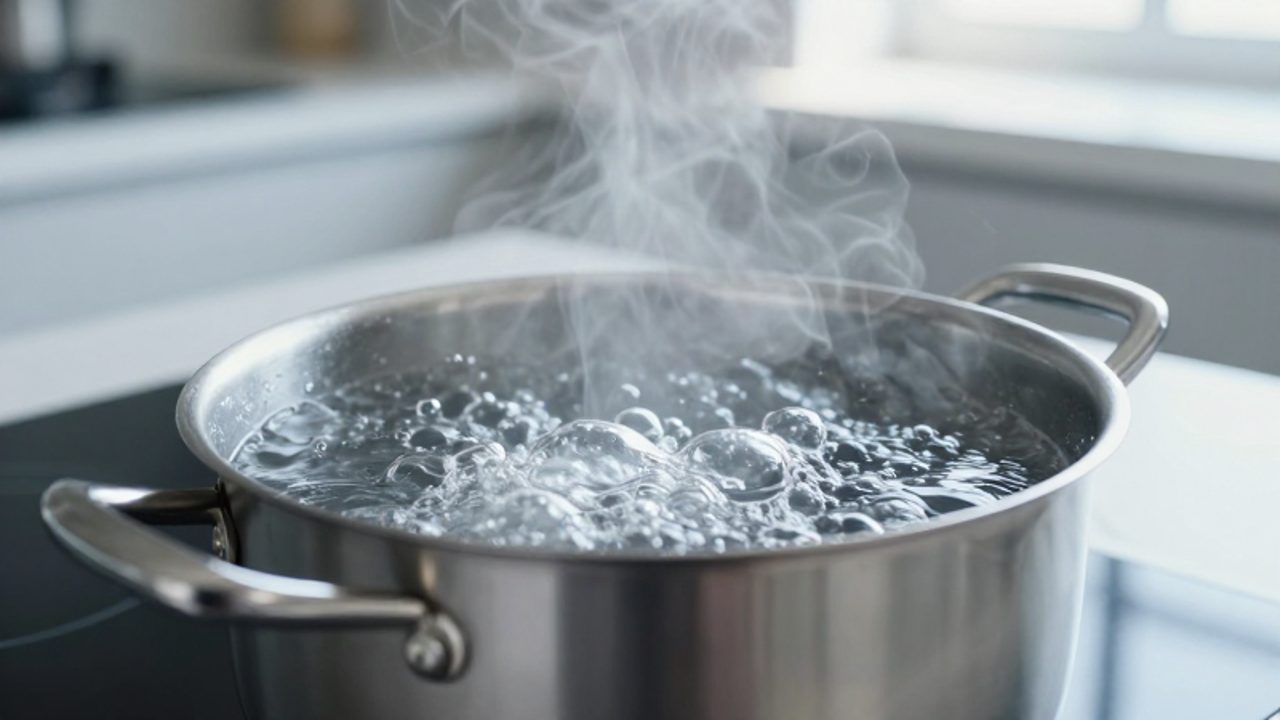 Agua hirviendo con burbujas y vapor dentro de una olla de acero inoxidable sobre una placa de inducción.