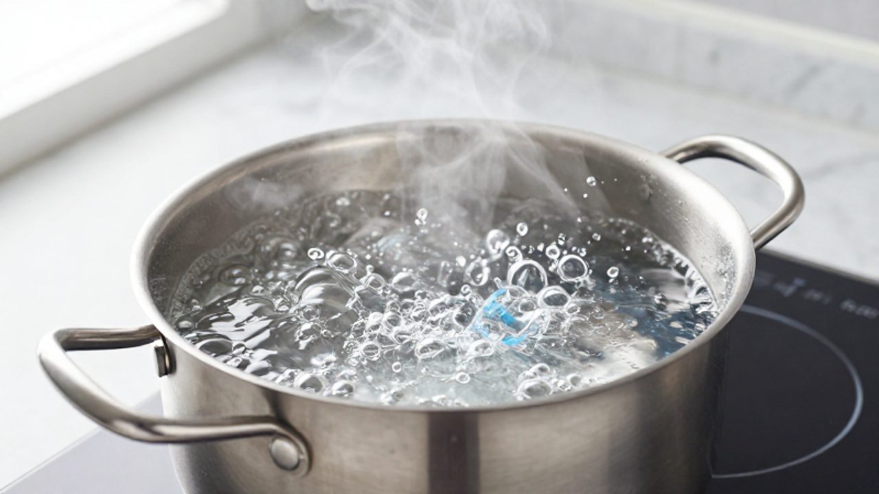 Agua burbujeando intensamente dentro de una olla de acero inoxidable sobre una placa de inducción.