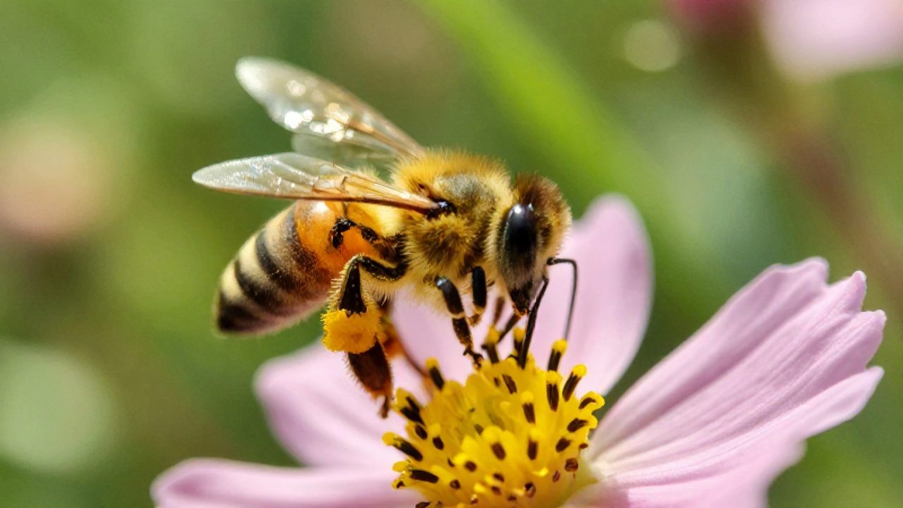 Una abeja cubierta de polen aterriza sobre los estambres de una flor silvestre para recolectar polen.