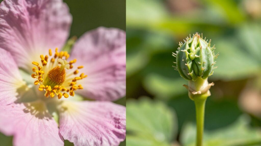 Comparativa entre la reproducción sexual de una flor con granos de polen visibles y la reproducción asexual mediante un brote que emerge de un tallo.