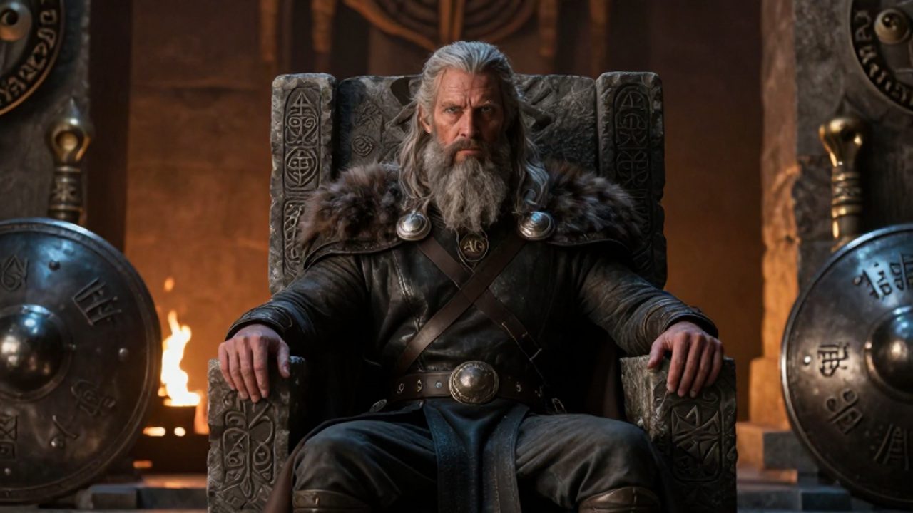 Un guerrero de barba canosa y mirada intensa, inspirado en Odín, se sienta en un trono de piedra dentro de un gran salón en Asgard.