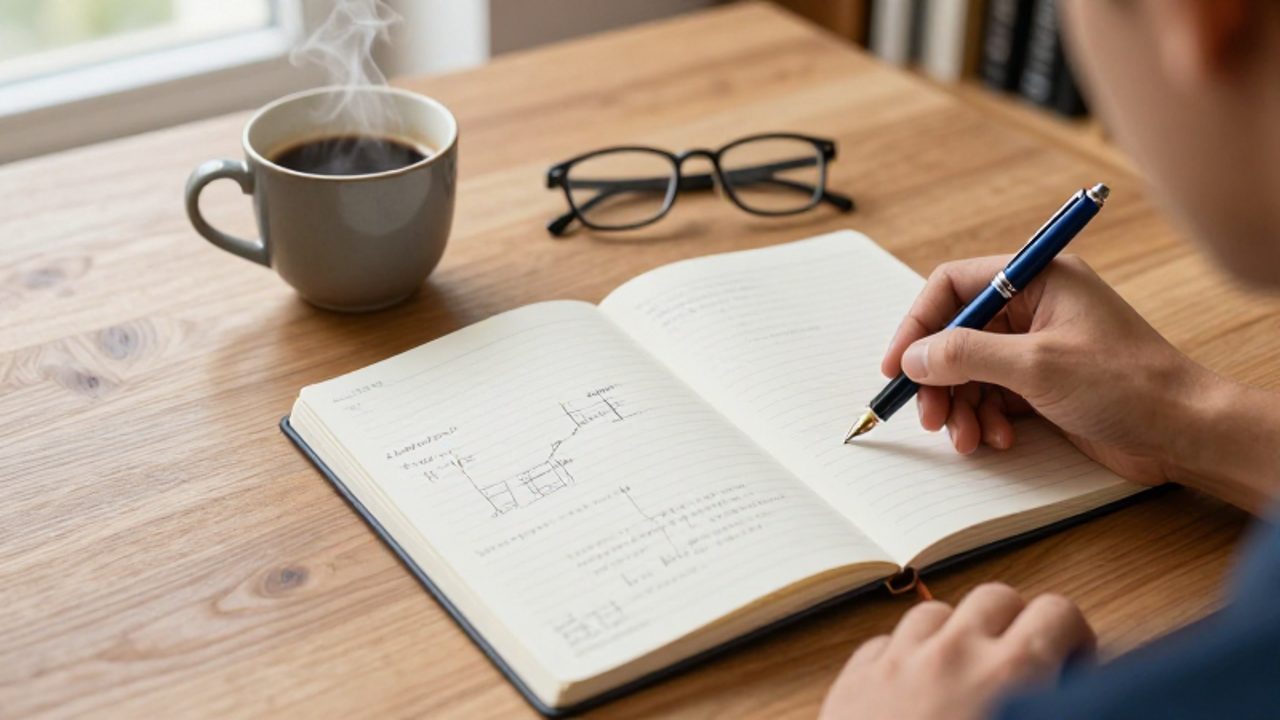 Persona organizando los esquemas de un ensayo en un cuaderno con una pluma, junto a una taza de café sobre un escritorio de madera.