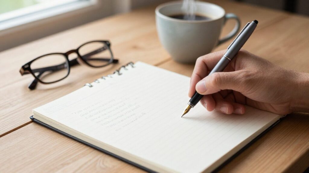 Escritura de un ensayo sobre un cuaderno abierto con una pluma estilográfica, ante un escritorio de madera organizado y una taza de café.