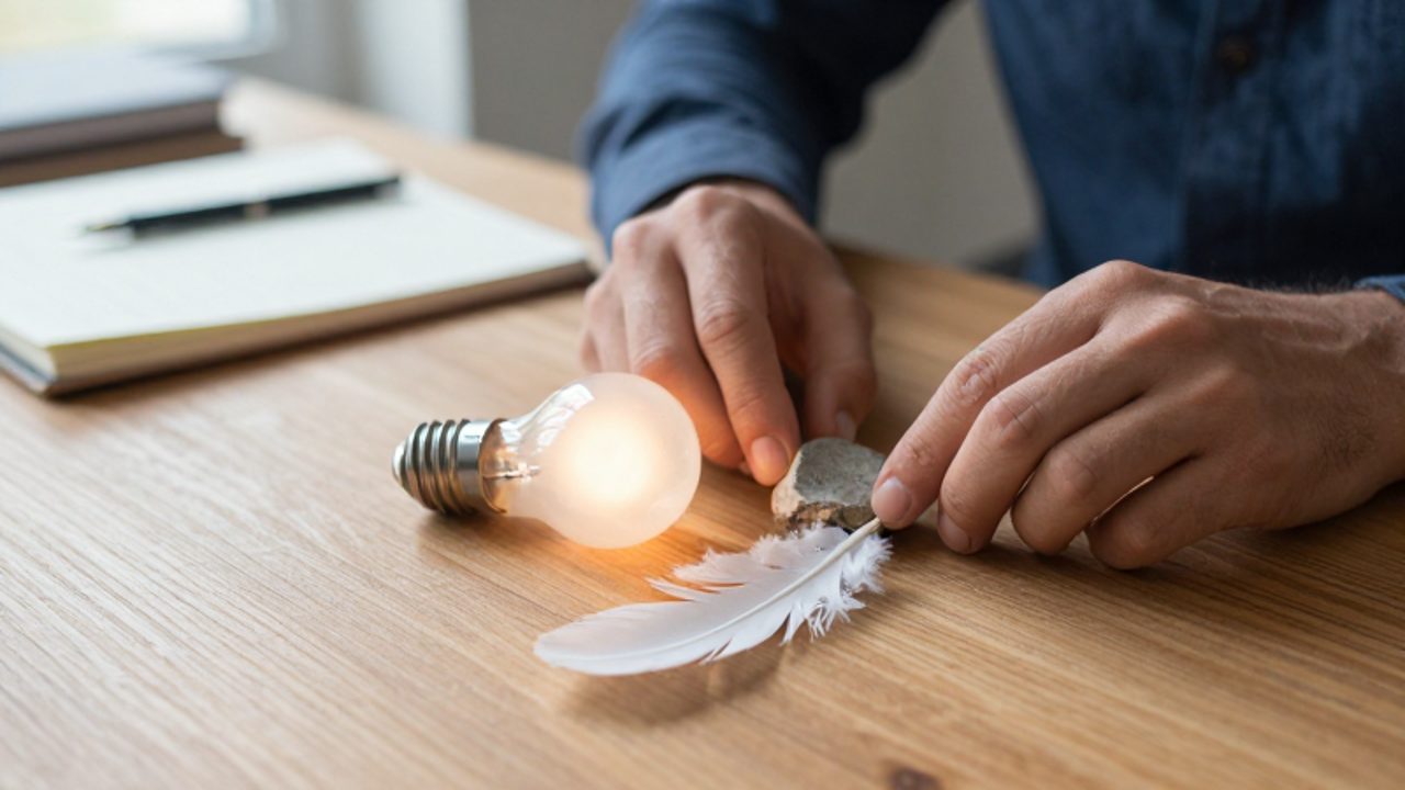 Manos organizando una bombilla, una piedra y una pluma sobre un escritorio de madera para representar conceptos lingüísticos.