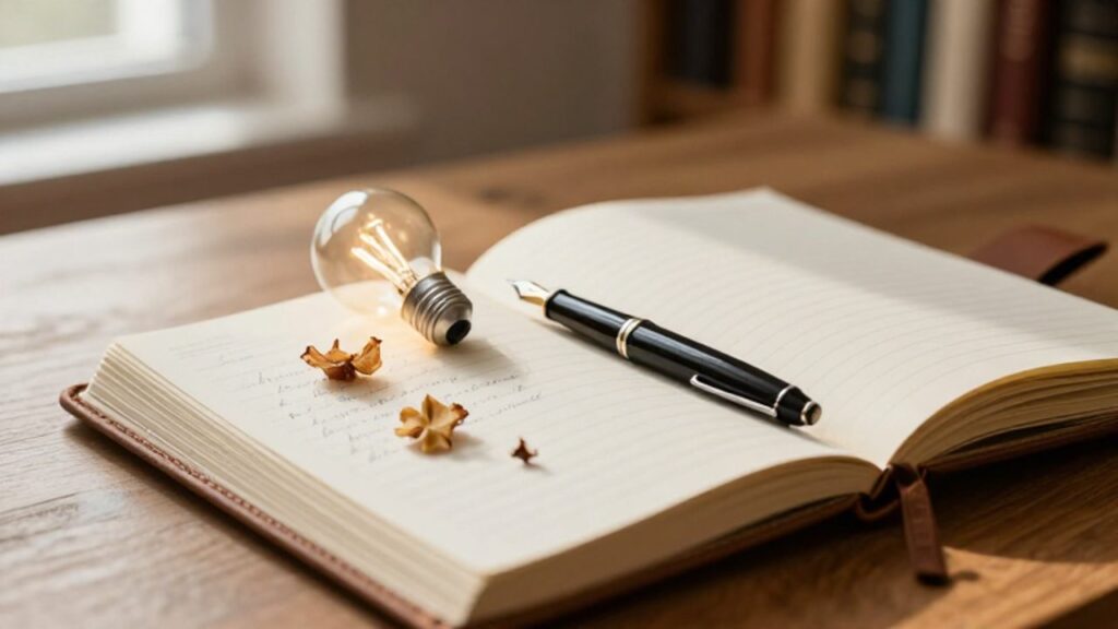Cuaderno abierto con notas manuscritas y una pluma sobre un escritorio de madera, acompañado de un filamento de bombilla que simboliza una idea creativa.