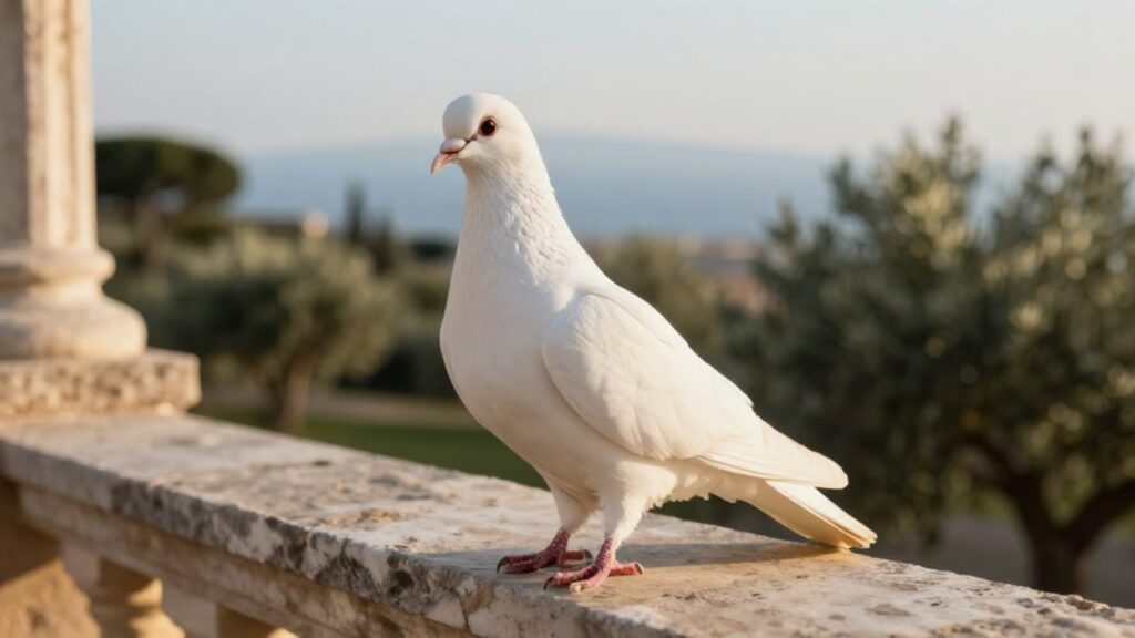 Paloma blanca posada sobre el borde de piedra de un balcón antiguo con un paisaje mediterráneo de fondo.