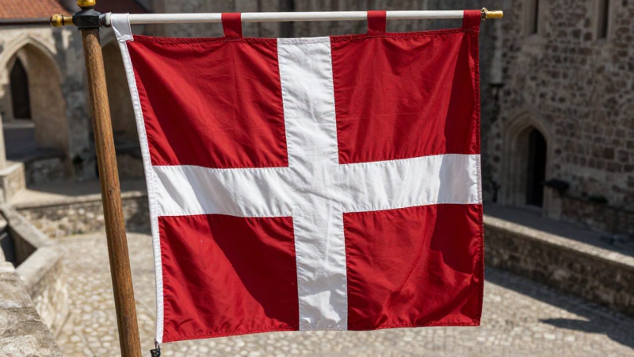 Bandera roja con una cruz blanca centrada que cuelga de un mástil de madera en un patio de piedra de estilo medieval.