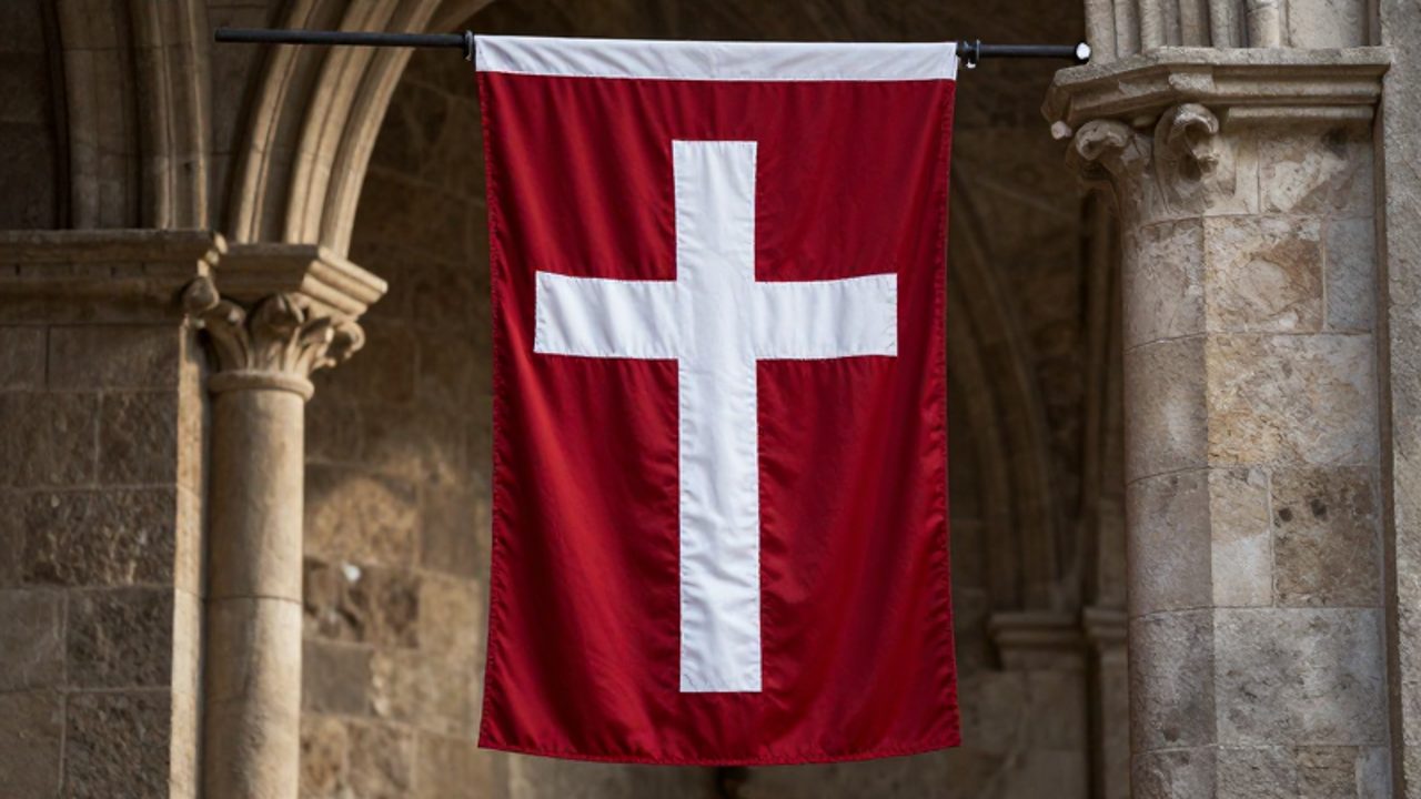 Bandera de tela roja con una cruz blanca colgada verticalmente sobre la pared de piedra de una antigua catedral.