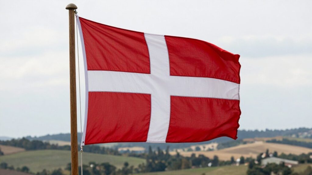 Bandera roja con una cruz blanca ondeando en un mástil de madera sobre un paisaje europeo histórico.