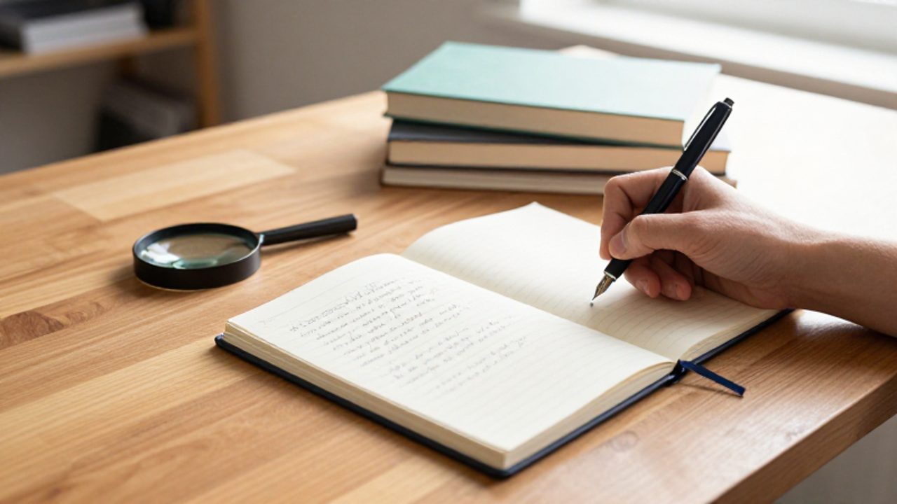 Manos escribiendo con pluma estilográfica palabras en un cuaderno sobre un escritorio de madera durante una sesión de estudio.