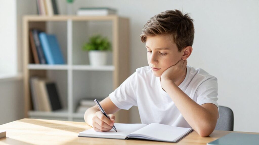 Un adolescente sentado en un escritorio de madera reflexiona frente a un cuaderno abierto en una habitación de estudio luminosa.