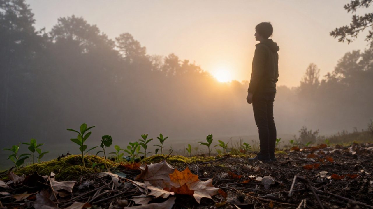 Persona contemplando el amanecer desde el borde de un bosque neblinoso, con brotes verdes emergiendo del suelo como símbolo de renacimiento.